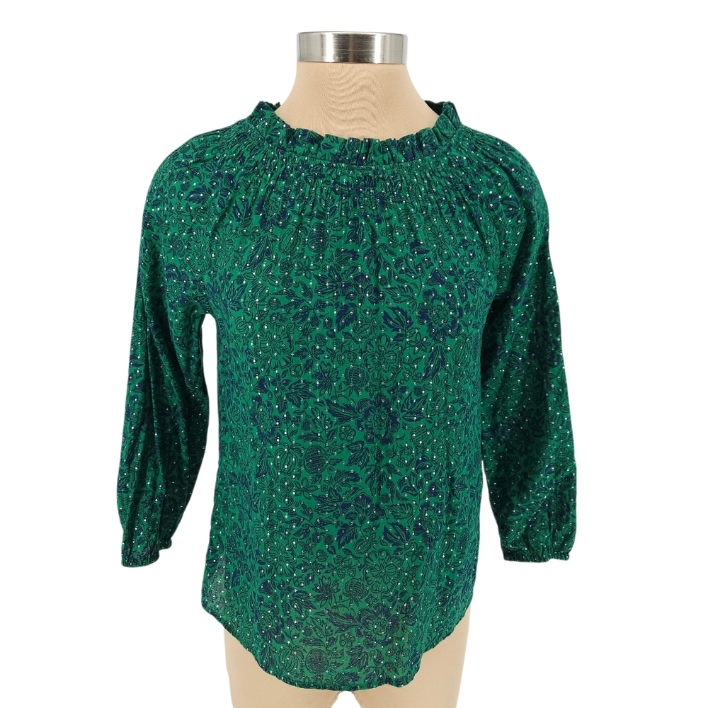 Talbots Shirt Green Floral Long Sleeve Smocked Ruffle Neck Top Petite PS